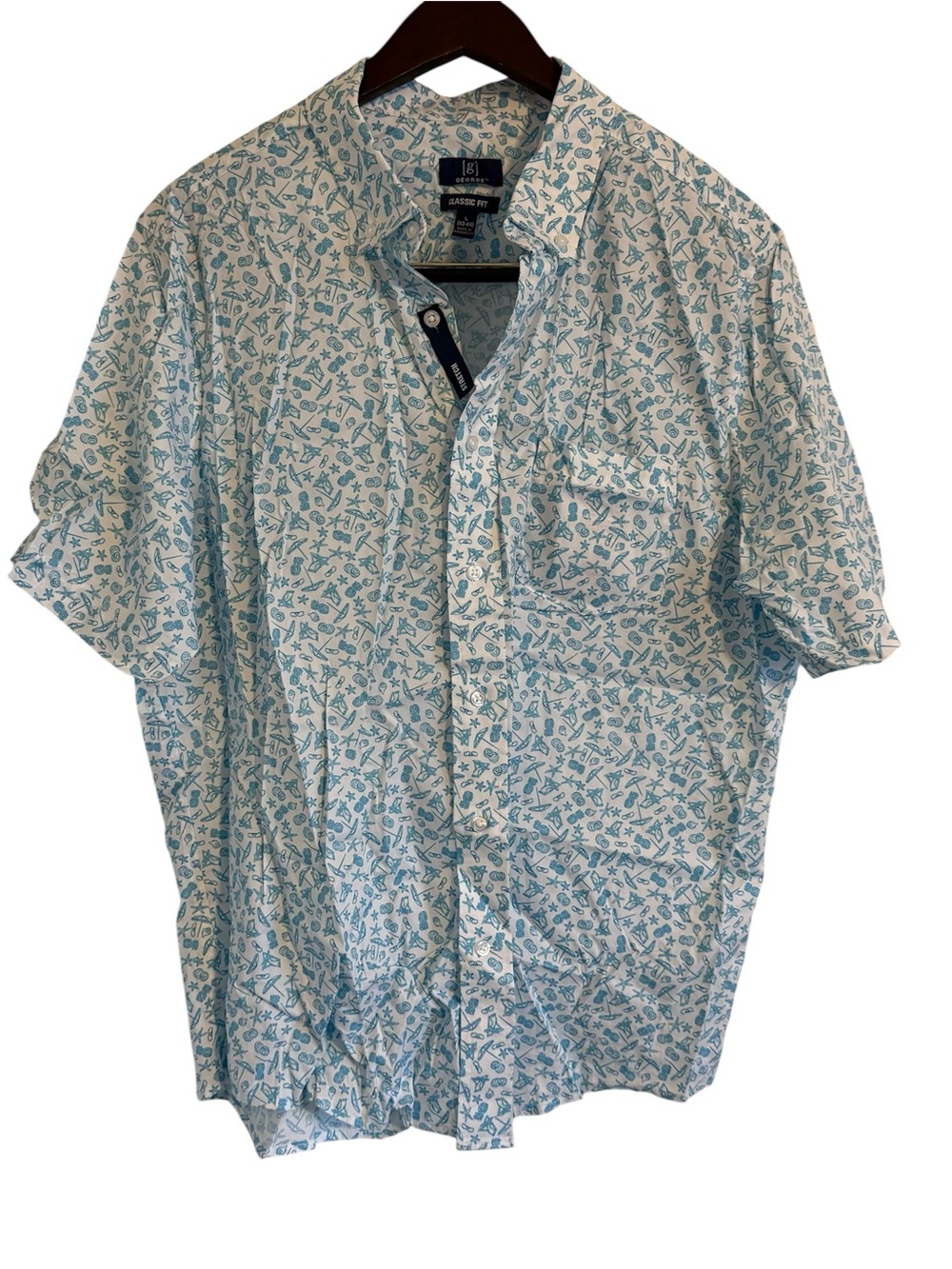 George Short-Sleeve Button-Down Shirt in White & Light Sea Blue Print Large